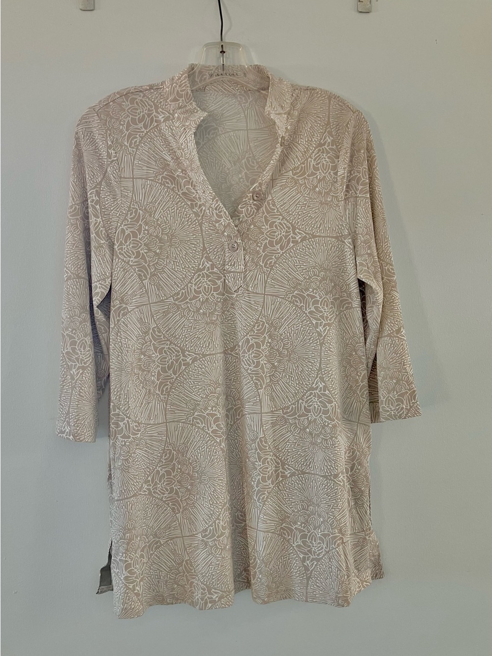 Manaola Kaualena Tunic Blouse; Wai Pua Lehua Coconut Milk Bamboo Stamp Pattern